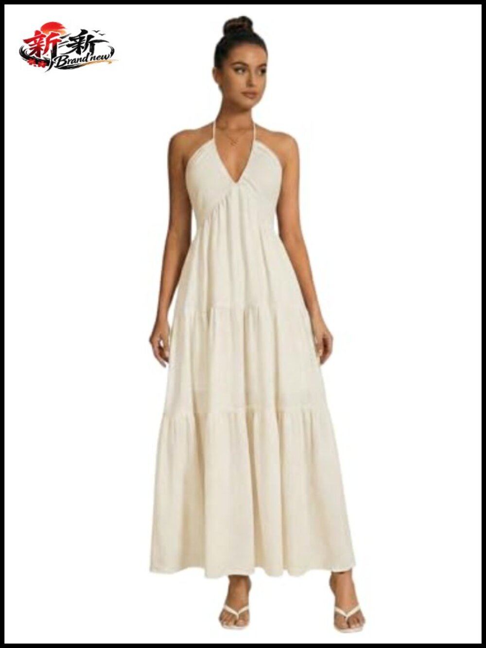 Women's Backless Halter Neck Sleeveless Maxi Dress Tie Back Ruched Ruffle Sun